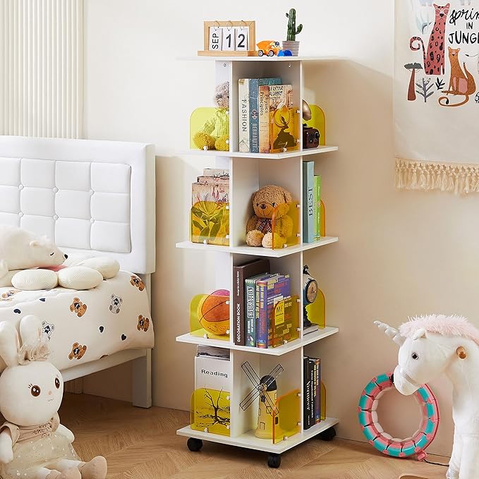 VECELO 4-Tier Rotating Bookshelf on Wheels, Revolving Bookcase Tower, Mobile Book Rack with Acrylic Windows, Narrow Rolling Bookshelves for Small Space, Corner, Bedroom, Office, White