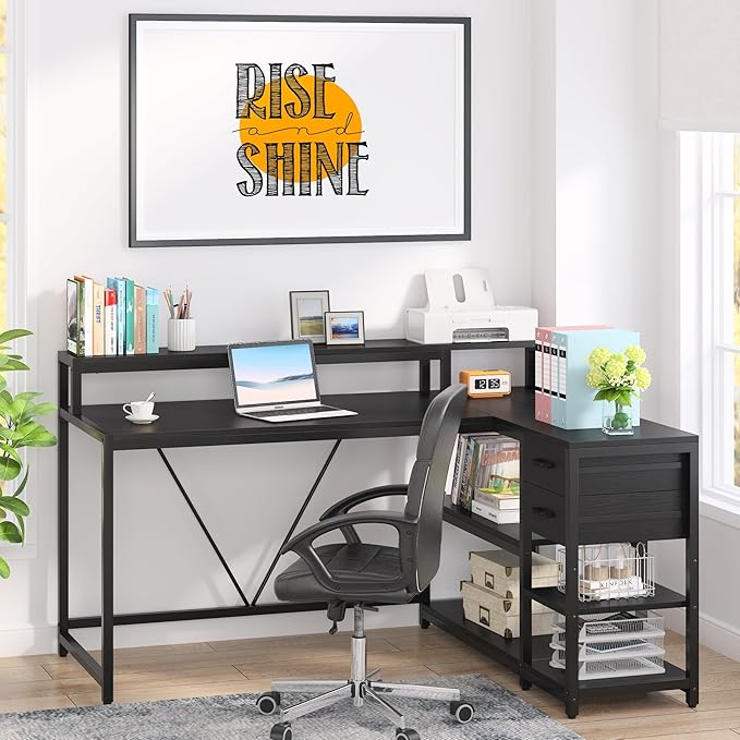 Tribesigns L Shaped Desk with Drawer and Monitor Stand, BlackCorner Desk Home Office Table with Storage Shelves, Black PC Desk for Small Space