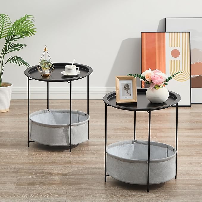 VECELO Round Side/End Table with Fabric Storage Basket，Metal Anti-Rust and Waterproof Small Bedside Nightstand with Removable Tray Top for Living Room，Balcony & Laundry，Black /2pcs with Basket