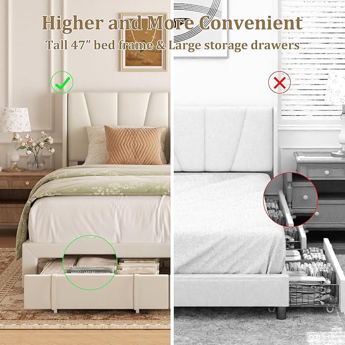 Queen Bed Frame with Storage Drawers, Upholstered Platform Bed with Headboard and Wingboard, No Box Spring Needed, Noise Free, Easy Assembly, Wooden Support Slats, Beige