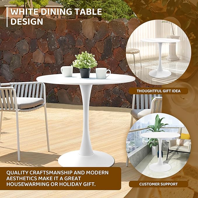 Round White Dining Table Modern Kitchen Table with Pedestal Base in Tulip Design, Mid-Century Leisure Table for 2 to 4 Person