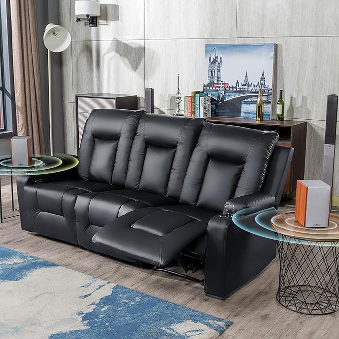 COMHOMA Living Room Furniture Set, Bonded Leather Sofa with Cup Holder Recliner Chair, 3, Black