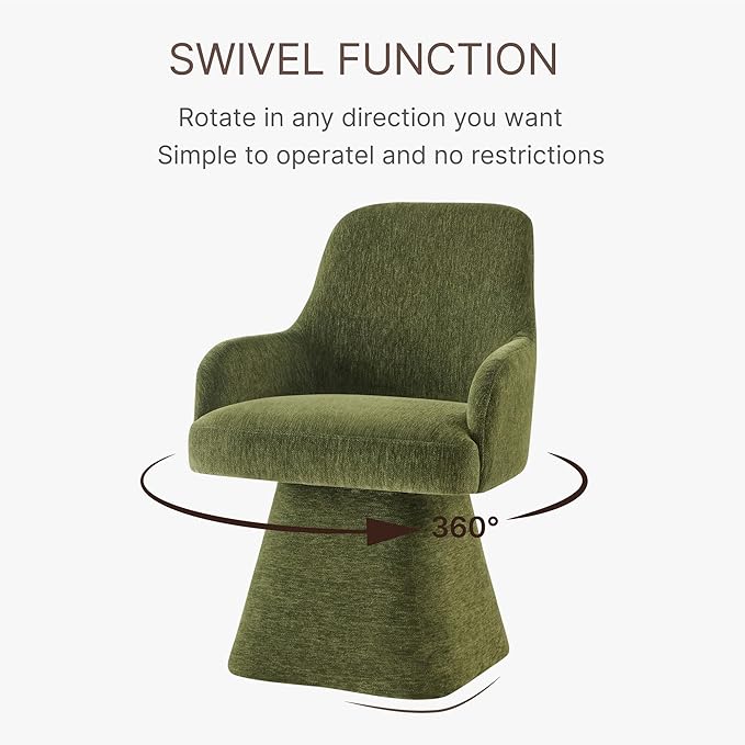 Swivel Dining Chair Set of 1, Mid Century Modern Chair Fabric Upholstered Armchair with Armrest & Ergonomic Backrest for Dining Room, Kitchen, Bedroom, Living Room, Green
