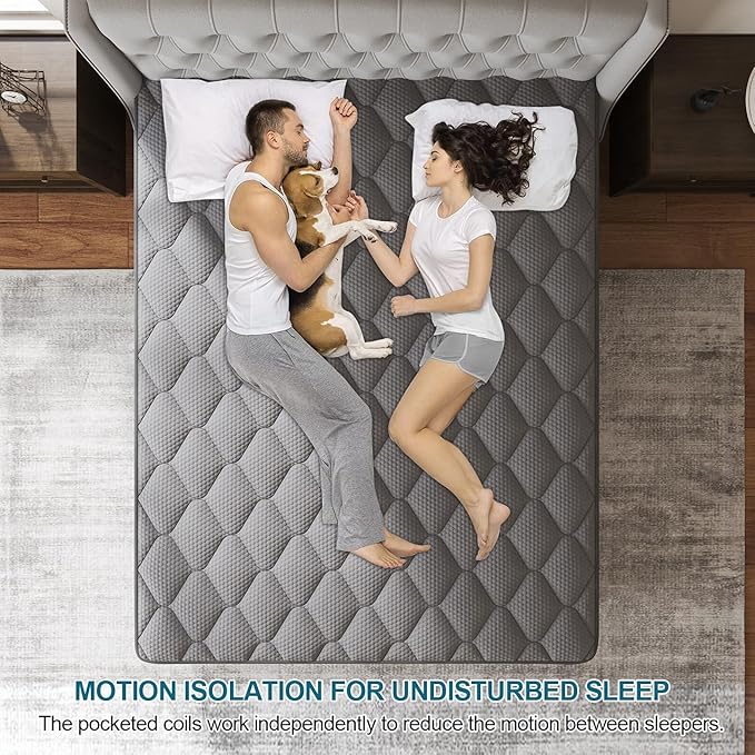 Full Mattress, 12 Inch Hybrid Mattresses Grey, Mattress Medium Firm for Back & Lumbar Support, 100 Night Trial, Individual Pocket Spring for Motion Isolation & Pressure Relief