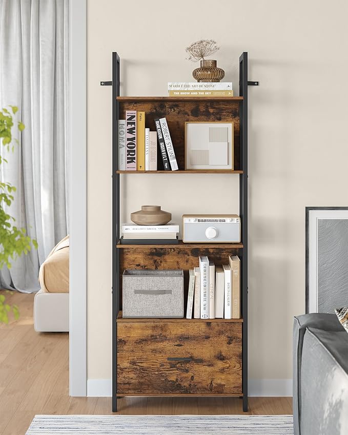 VASAGLE 5-Tier Bookshelf, Book Shelf with Drawer, Industrial Bookcase, with Steel Frame, for Living Room, Home Office, Bedroom, 9.4 x 23.6 x 65 Inches, Rustic Brown and Black ULLS147B01