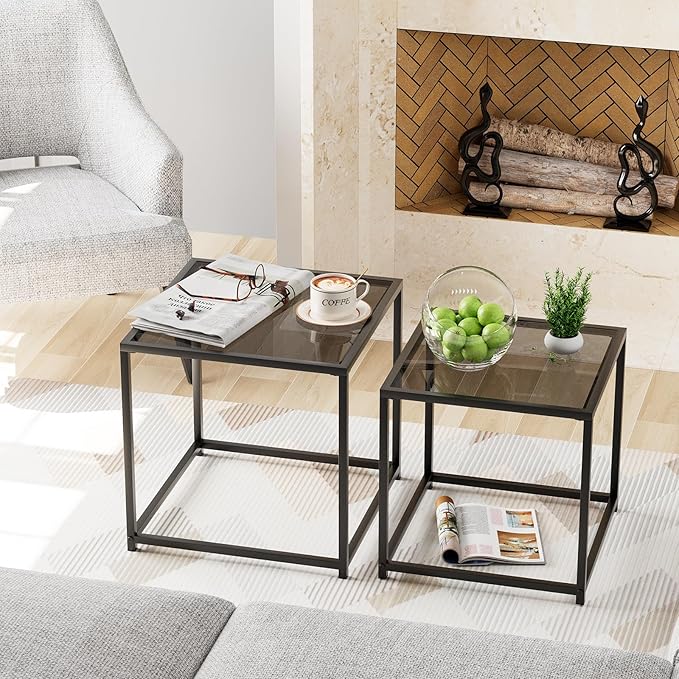 Garden 4 you Coffee Table Set of 2, Modern Glass Nesting Table, Metal Frame Square Center Table Set, Side Tables, Nesting Coffee Table for Living Room, Bedroom and Small Spaces, 19.7in Grey