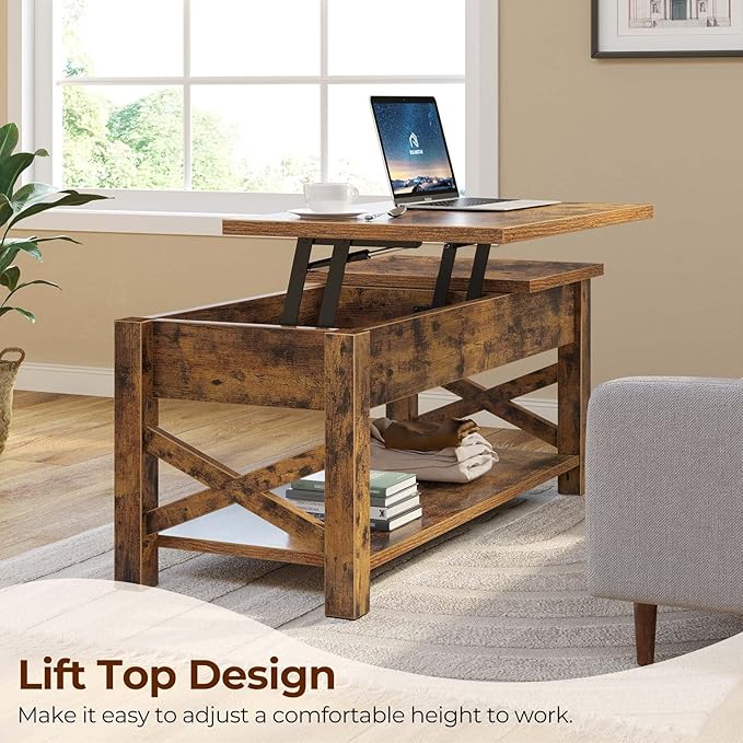 Rolanstar Coffee Table 47.2", 2 Way Lift Top with Hidden Compartment, Lift Top Coffee Table with Open Shelf & X Wooden Support, Center Table for Living Room, Rustic Brown