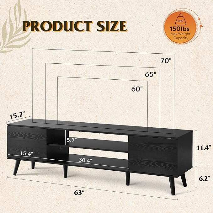 WLIVE TV Stand for 65 70 inch TV, Entertainment Center with Storage Cabinets, Rustic TV Console for Living Room Decor, Black