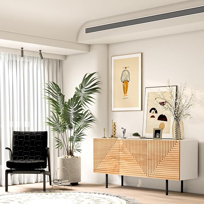 Roomfitters Mid Century Modern TV Stand for TVs up to 65", Boho Sideboard Buffet Cabinet Credenza, Media Console Entertainment Center for Living Room, Poplar Wood Print Carved and Geometric Design