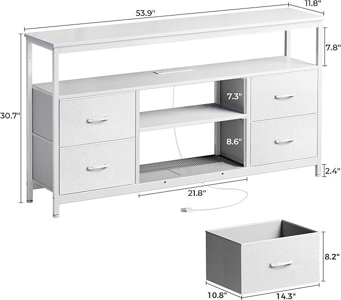 Huuger TV Stand Dresser with Power Outlets and LED Lights, 4 Drawers Entertainment Center with Shelves, 54 Inch Media Console for 55 60 Inch TV, 4 AC Outlets, 2 USBs, Dresser with PU Finish, White