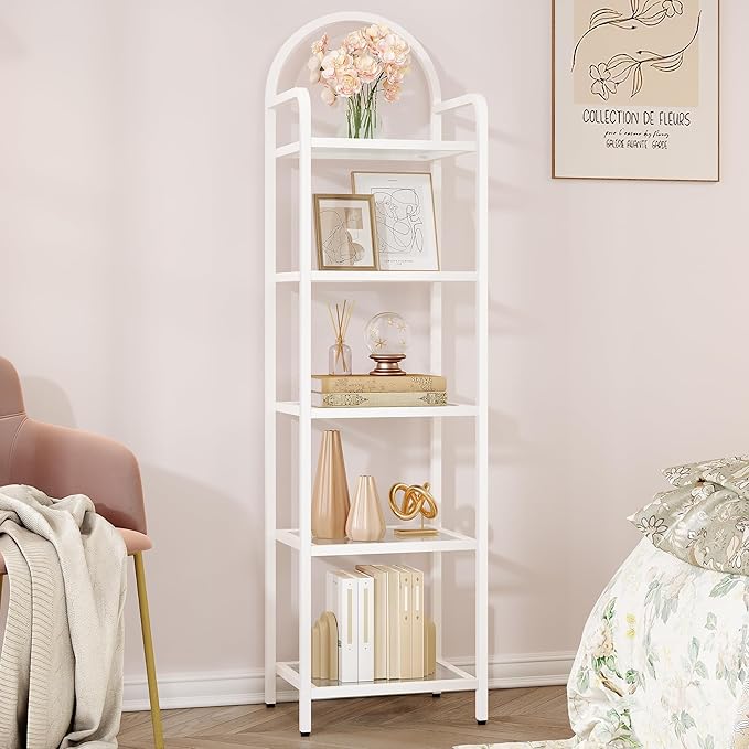 Bookcase Bookshelf, Tempered Glass Bookshelves, Slim Shelving Unit for Bedroom, Bathroom, Home Office, Steel Frame, 5 Tier White BC05099W