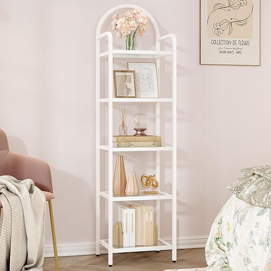 Bookcase Bookshelf, Tempered Glass Bookshelves, Slim Shelving Unit for Bedroom, Bathroom, Home Office, Steel Frame, 5 Tier White BC05099W