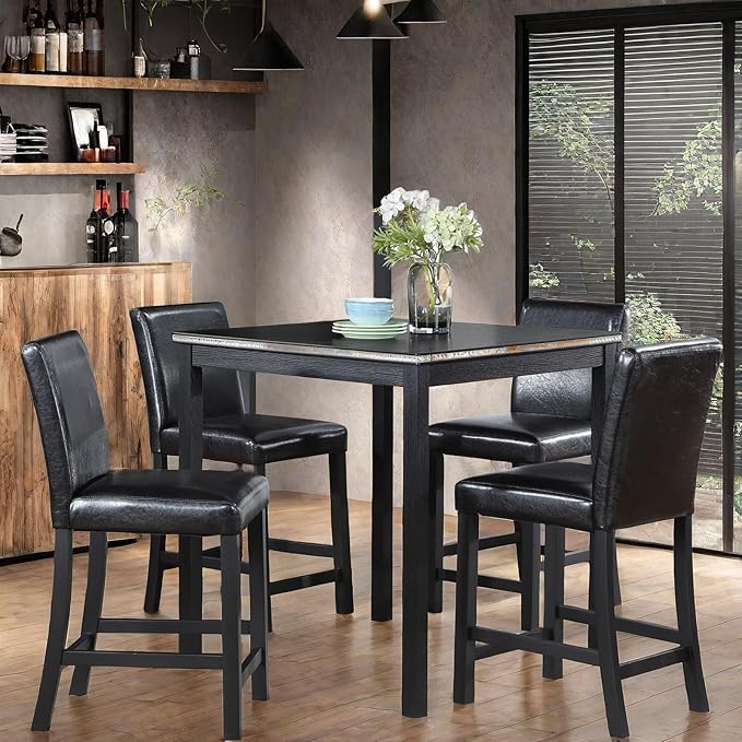 5PCS Wooden Counter Height Table Set, Square Table and 4 Upholstered Chairs, Dining Table with Crystal Decoration, for Kitchen, Dining Room,Black