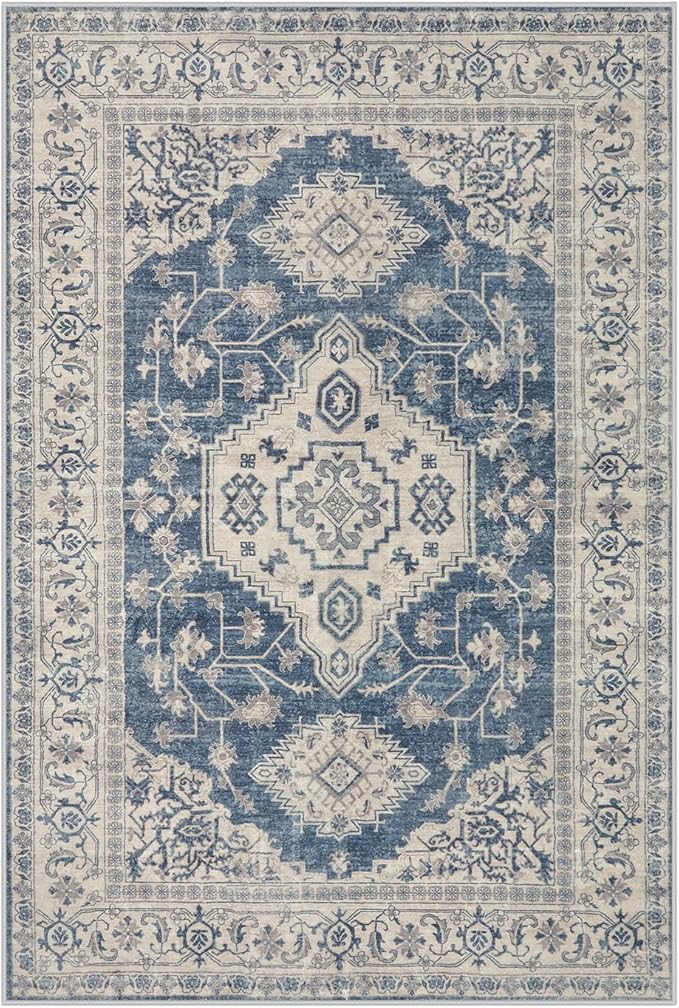 Lahome Oriental Area Rug, 3x5 Washable Rugs for Living Room Non Slip Entry Mat, Vintage Soft Pet Friendly Throw Carpet for Entryway Bedroom Dinning Room, Blue