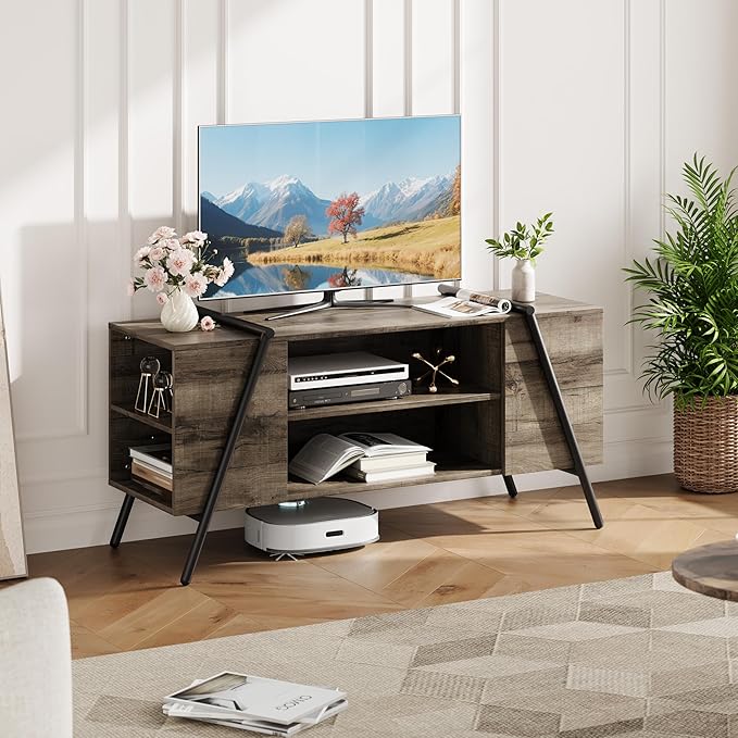 TV Stand for 60 55 50 45 Inch TV, 47" Mid Century Modern Entertainment Center with Adjustable Open Shelves & Metal Legs, Industrial Media Console Table for Living Room, Oak