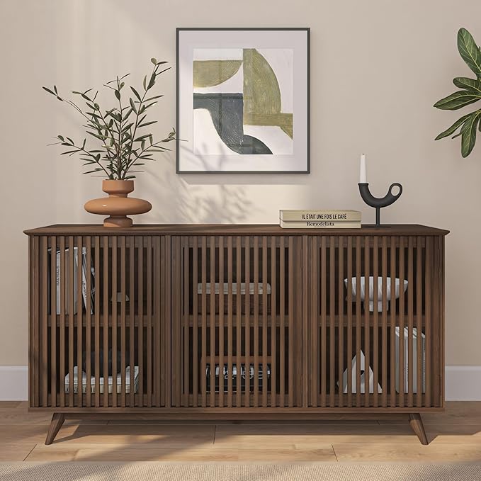 Plank+Beam Mid-Century Modern Wood TV Stand, Three Door Solid Wood Entertainment Console with Storage, 59" L x 16" W x 30" H, Walnut