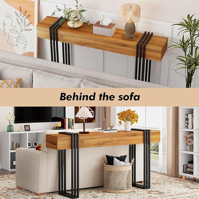 63 Inch Long Console Table, Industrial Sofa Table Behind The Couch Rectangular Entryway Table for Entrance Hallway Living Room, Brown