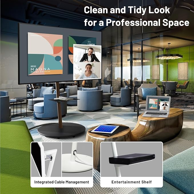 WALL Seven Stand A2 Grand | Rolling TV Stand for 45–80" w/ 15.75" AV Shelf | Satin White | Portable TV Stand with Shelf | Height Adjustable, Space Saving, for Living Room, Bedroom and Office