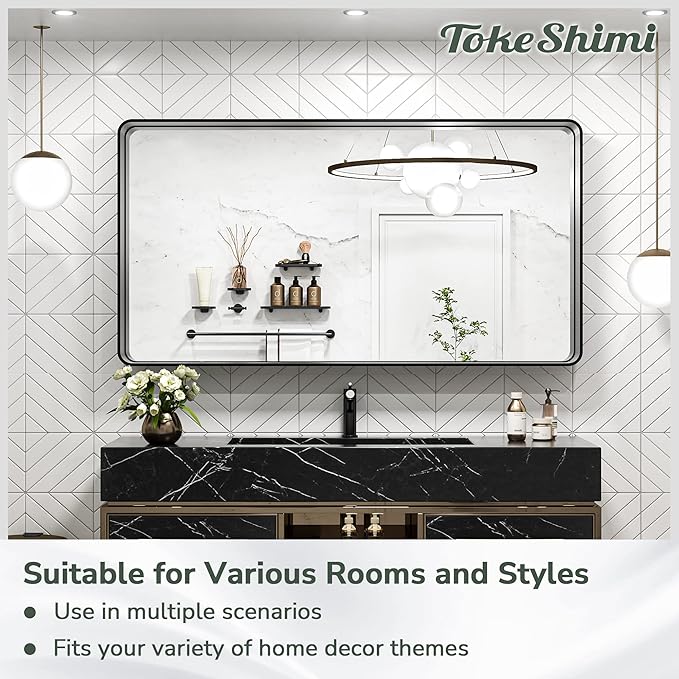TokeShimi 20 x 30 Inch Matte Black Bathroom Wall Mirror Vanity Metal Frame Round Corner Rectangular for Home Decor Living Room Entryway (Horizontal/Vertical)