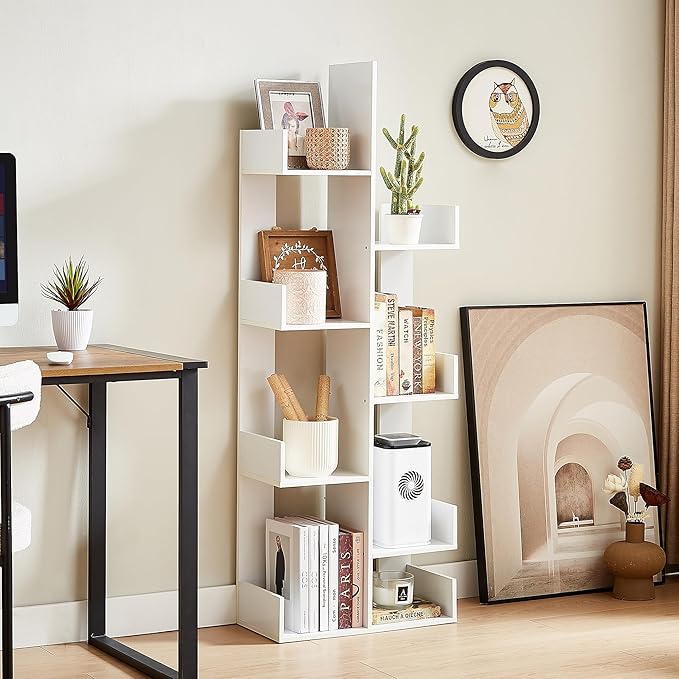 VECELO 8-Tier Tall Cactus-Shaped Tree Bookshelf, Vertical Bookcase with Waterproof Shelves & Rounded Corners, Modern Display Rack for Small Spaces in Living Room, Office, Bedroom, Ivory White