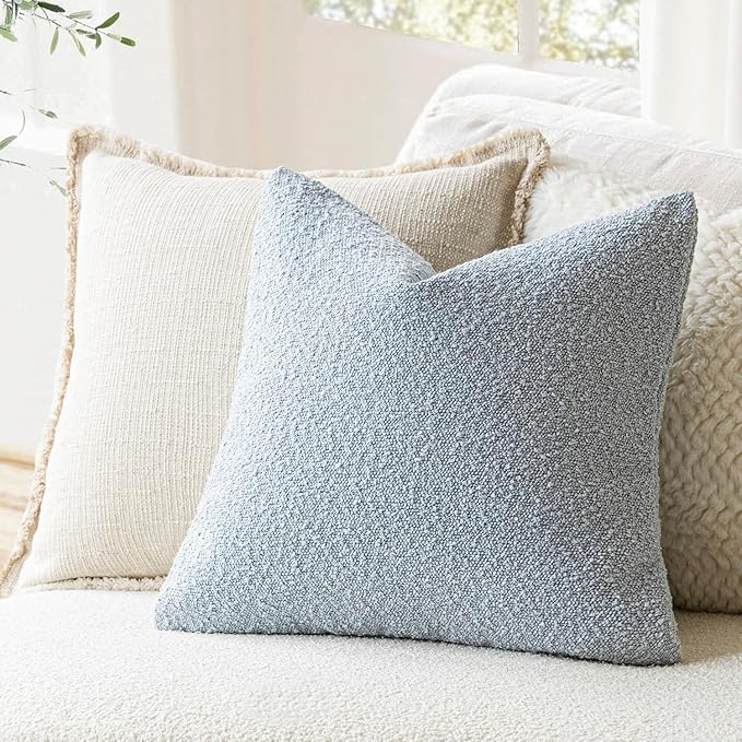 Foindtower Pack of 2 Modern Textured Boucle Throw Pillow Covers Accent Solid Decorative Pillow Cases Cozy Woven Couch Cushion Case for Chair Sofa Bed Living Room Home Decor, 22 x 22 Inch, Light Blue