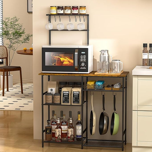 Baker's Rack for Kitchen with Storage, Microwave Stand with Adjustable Shelves and 10 S Hooks, 6-Tier Coffee Bar Station, Kitchen Shelves for Spices, Pots, Rustic Brown