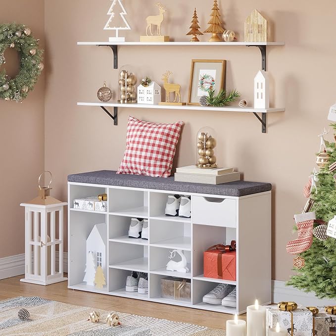 DINZI LVJ Shoe Bench, Entryway Storage Bench with Drawer and 15 Cubbies, Cubby Shoe Rack with Adjustable Shelves, Shoe Organizer Cabinet for Living Room, Bedroom, Mudroom, Closet and Garage, White