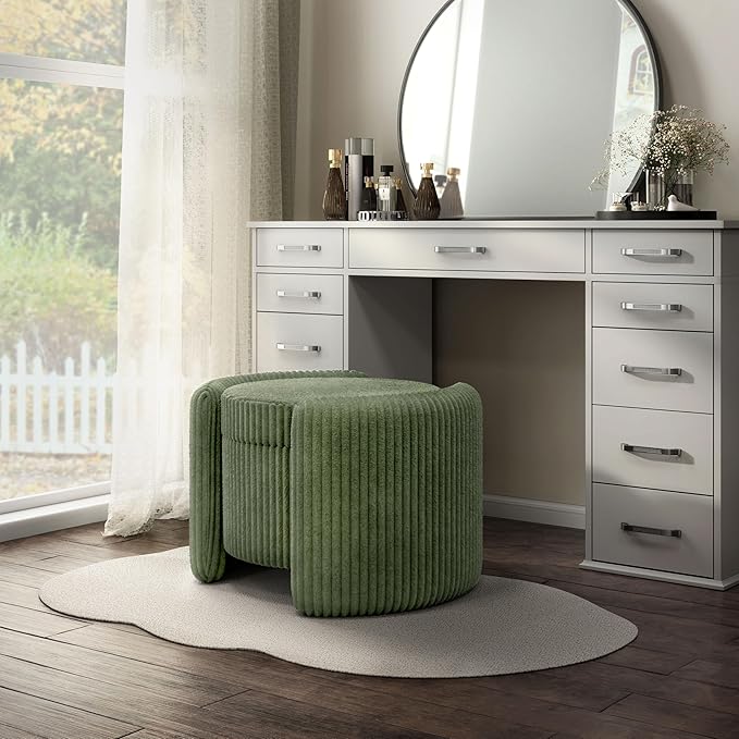 Furniture of America Lennox Modern Chenille 25-inch Round Storage Ottoman with Reversible Flip Top, Upholstered Footstool for Living Room, Bedroom, Entryway, Green