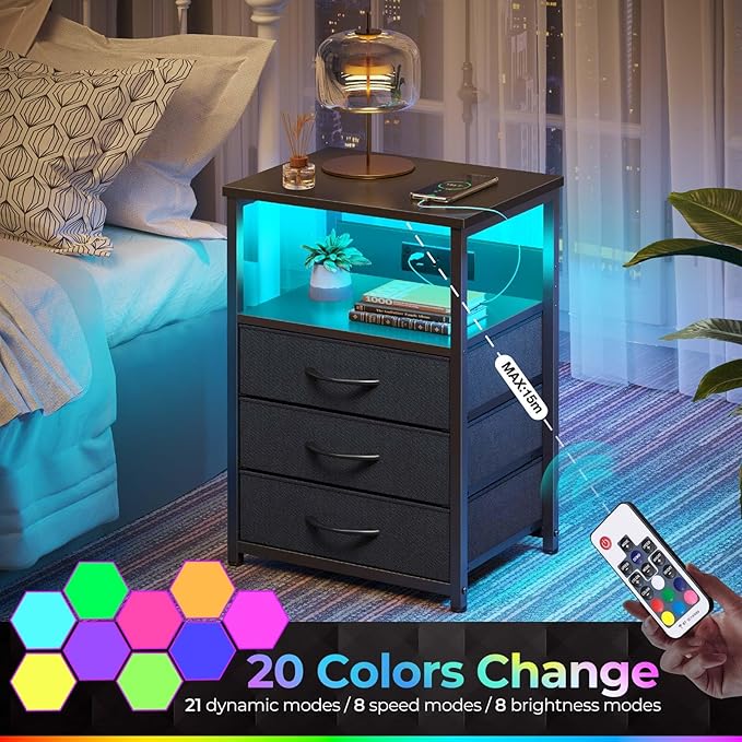 Seventable Nightstand with Charging Station and LED Light, Set of 2 Side Table with 3 Fabric Drawers, Bedside End Table with USB Ports and Outlets, Night Stand for Bedroom, Black