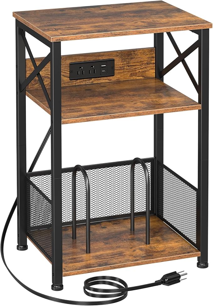 AMHANCIBLE Record Player Stand with Charging Station, Turntable Stand with Storage Cabinet, 3 Tier End Table Hold Up to 100 Albums, Record Table for Vinyl, Living Room, Rustic Brown, HETCD01BR-1