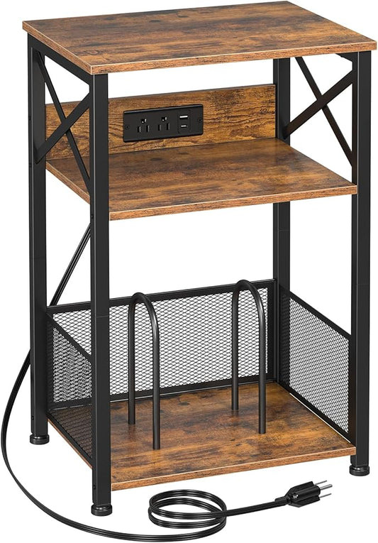 AMHANCIBLE Record Player Stand with Charging Station, Turntable Stand with Storage Cabinet, 3 Tier End Table Hold Up to 100 Albums, Record Table for Vinyl, Living Room, Rustic Brown, HETCD01BR-1