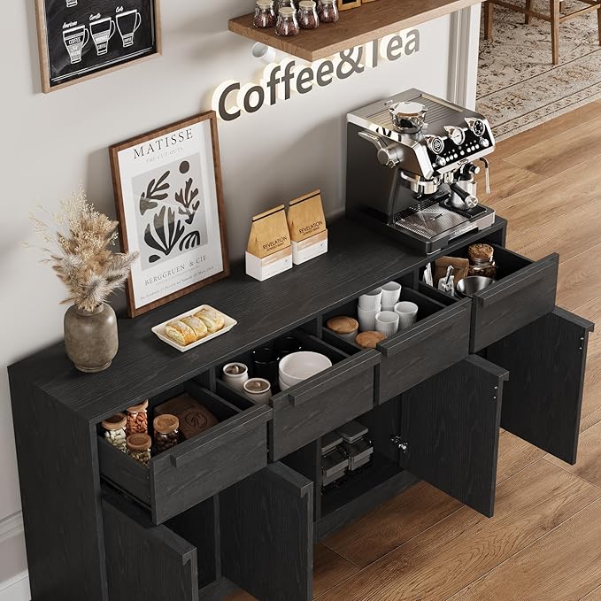 GarveeHome Sideboard Buffet Cabinet with 4 Drawers, 62.4" Large Coffee Cabinet with Storage, Modern Storage Buffet Table for Kitchen Dining Room, Living Room (Black, 4 Doors & 4 Drawers)