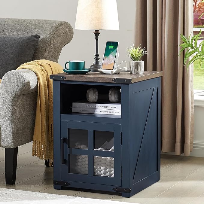Farmhouse Nightstand with Charging Station, Rustic End Table with Tempered Glass Barn Door, Wood Sofa Side Bedside Table with Open Storage Shelf for Living Room, Bedroom, Blue, 2 Pack