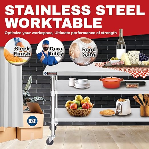 DuraSteel Stainless Steel Work Table 30" x 72" x 34" Height w/ 4 Caster Wheels - Food Prep Commercial Grade Worktable - NSF Certified - Good for Restaurant, Business, Warehouse, Home, Kitchen, Garage