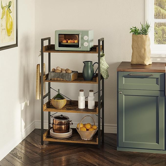 Rolanstar Bookshelf 4 Tier with 4 Hooks, Industrial Bookcase, Vintage Storage Rack with Open Shelves, Rustic Standing Bookshelves Metal Frame Display Rack for Living Room, Bedroom, Rustic Brown