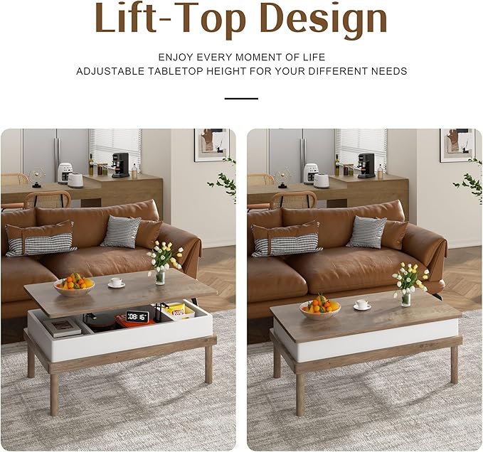 Shintenchi Coffee Table, Lift Top Coffee Table with Hidden Compartment, Rising Tabletop Dining Table, Lift Top Coffee Center Table for for Living Room, Office, Home (Ivory)