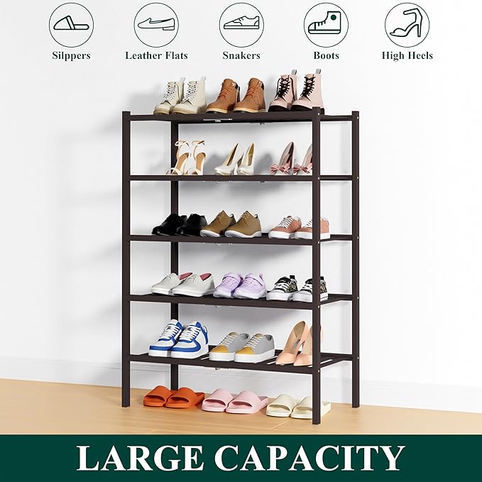 Smiry Shoe Rack, 5 Tier Thick Bamboo Shoe Organizer, Stackable Free Standing Wooden Shoe Storage Shelf for Closet, Entryway, Front Door Entrance, Brown