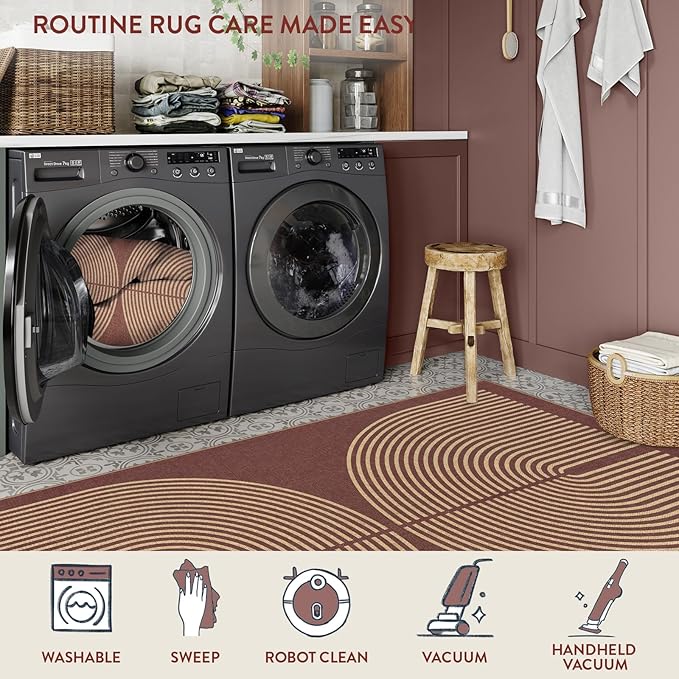 Lahome Modern Rainbow Easy Jute Outdoor Rug 5x7, Stain Resistant Red Dining Room Patio Rug, Farmhouse Non Slip Non Shedding Indoor Outdoor Carpet for Living Room Home Office Bedroom Deck Backyard