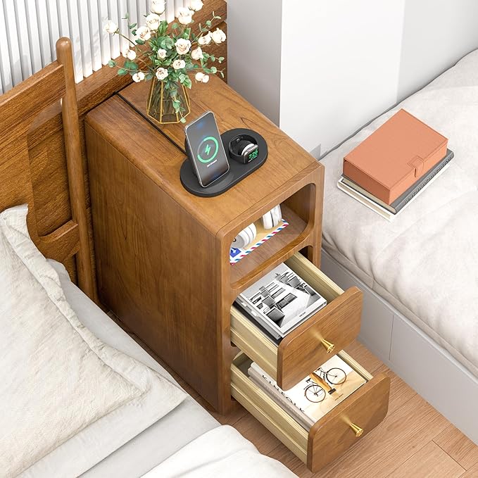 Small Nightstand, Narrow Tall Beside Table with 2 Drawers and Open Shelf, Walnut Solid Wood Night Stand, Mid Century Modern Nightstand for Bedroom (10 inch)