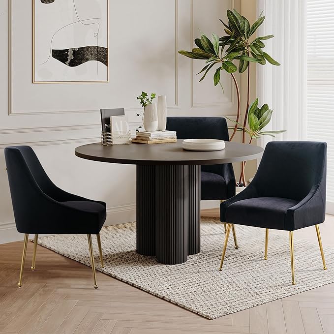Modern Velvet Dining Chairs Set of 6, Contemporary Upholstered Furniture Collection with Polished Gold Metal Legs, Elegant Accent Chairs for Kitchen Living Room(Black)