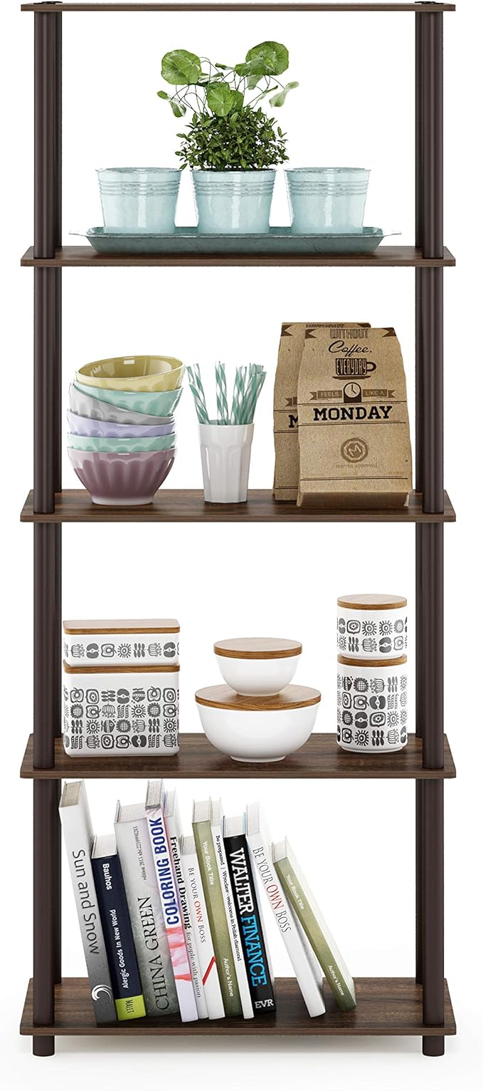 Furinno Turn-N-Tube 5-Tier Multipurpose Shelf / Display Rack / Storage Shelf / Bookshelf, Round Tubes, Walnut/Brown