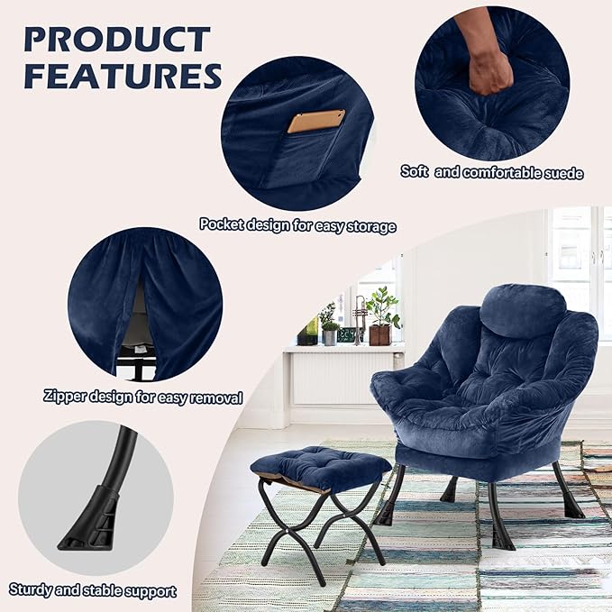 Lazy Chair with Folding Ottoman,Leisure Sofa Chair,Soft Fabric Armchair with Armrests and Side Pockets, Reading Chair with Footrest for Living Room, Bedroom, Office (Plush Navy)