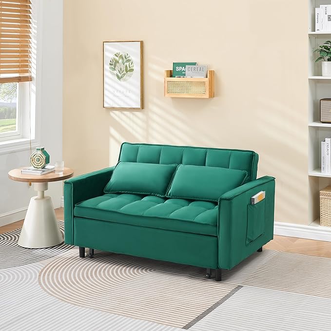 Ball & Cast 55" Convertible Sofa Bed,3 in 1 Sleeper Sofa W/Pull-Out Bed,Convertible Pull Out Couch W/2 Pillows,Adjustable Backrest & Side Pocket,Velvet Futon Couches for Living Room,Apartment,Green