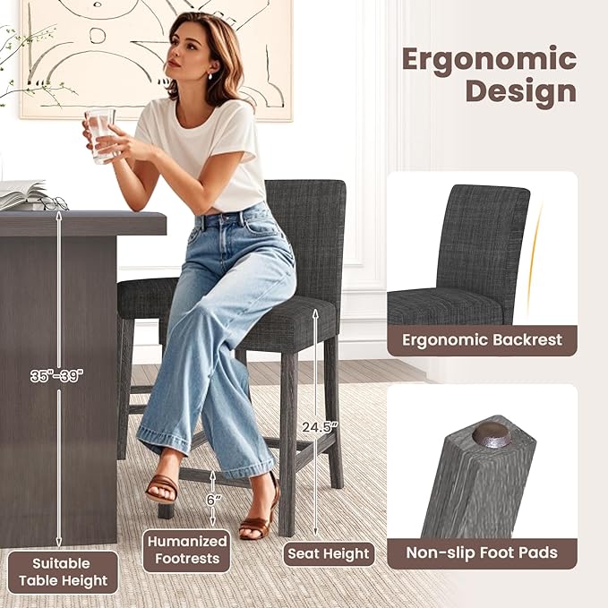 COSTWAY Upholstered Counter Height Stools Set of 2, Bar Stools w/Ergonomic Backrest, Solid Wood Frame, 24.5” Fabric Counter Height Chairs for Kitchen Island, Dining Room, Pub (Grey)