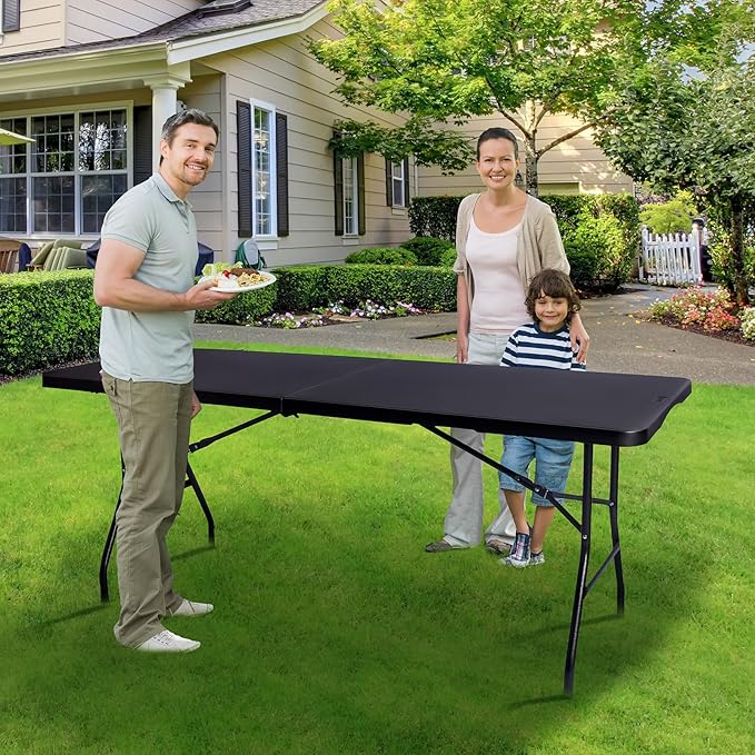 Folding Table 6ft Portable Heavy Duty Plastic Fold-in-Half 6 Foot Foldable Table Utility Dining Indoor Outdoor for Camping Picnic and Party, Black