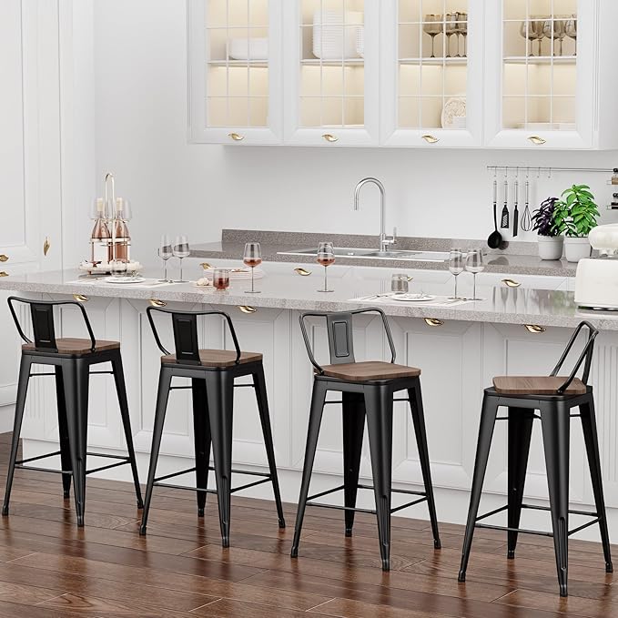 24 Inch Swivel Bar Stools Set of 4 with Backs Counter Height Industrial Metal Barstools Island Bar Chairs for Home Kitchen Dining Room (Swivel 24 inch,Matte Black Wooden)