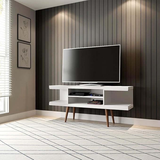 Manhattan Comfort Utopia 53.14" Freestanding Entertainment Center for Living Room, Mid Century Modern TV Stand with Shelves, Storage and Media Holes, Fits 50" Screens, White