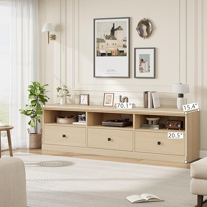 GarveeHome TV Stand for 65/70/75 Inch TV, Entertainment Center with Storage Drawer, Mid-Century Modern TV Console with Open Shelves, 70in Media TV Cabinet for Living Room, Bedroom, Light Oak