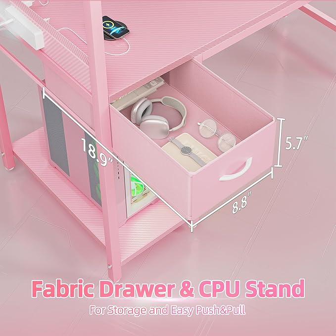 TIQLAB Gaming Desk 47 inch with Power Outlet and LED Light, Computer Desk with Reversible Shelves and Storage Drawer, Small PC Desk for Home Office Table with Bag, Carbon Fiber Pink
