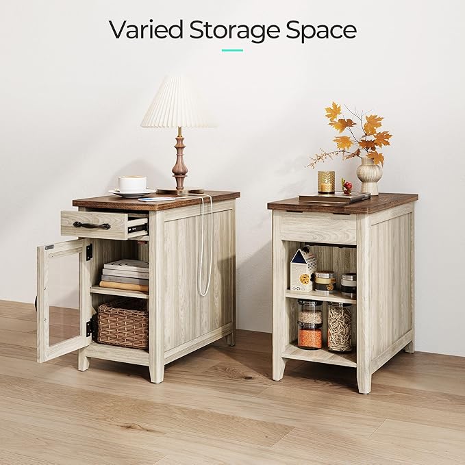 LINSY HOME End Table Set of 2 with Charging Station, Modern Farmhouse Sofa Couch Side Table, Wooden Bedside Table for Living Room, Slim Nightstand with Storage Cabinet for Small Space, Glass Door